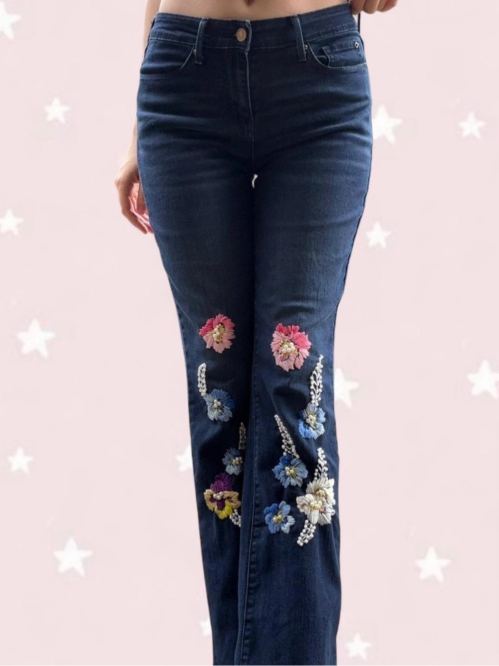 Signature by Levi Strauss Dark Blue Flare Jeans with Hand Floral Embroidery - Picture 2 of 7